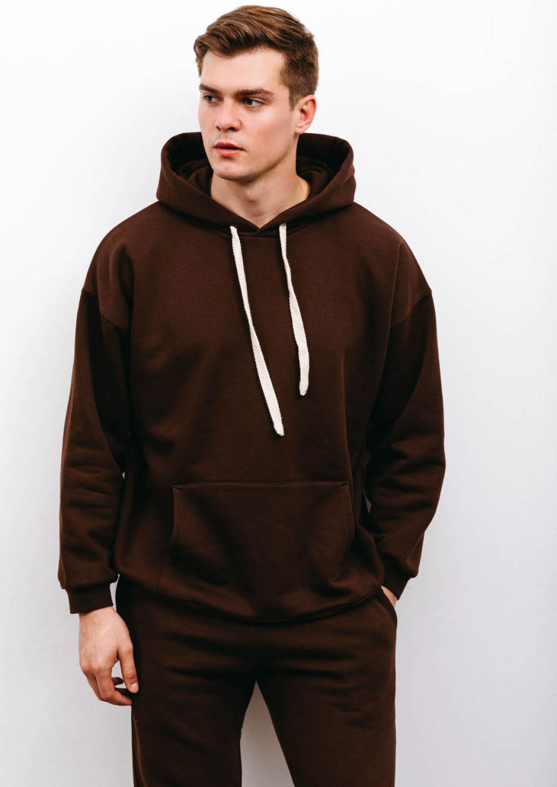 Deep brown color men three-thread insulated hoodie